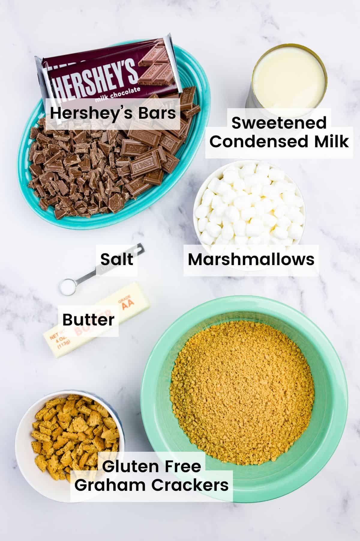 Ingredients for s'more bars recipe, labeled.