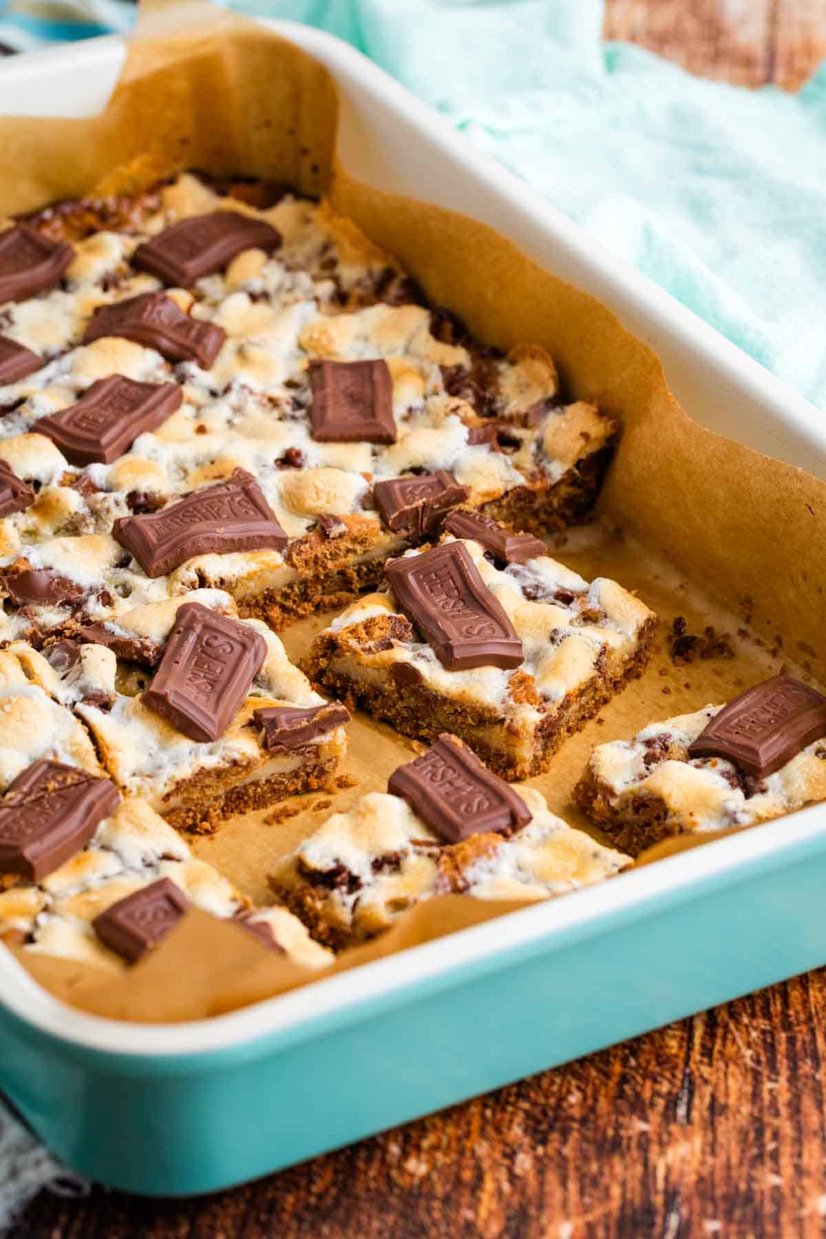 Close-up of s'more bars in a baking dish.