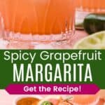 A pink drink in a glass garnished with jalapeno slices and the glass with a shot glass next to it divided by a green box with text overlay that says "Spicy Grapefruit Margarita" and the words "Get the Recipe!".