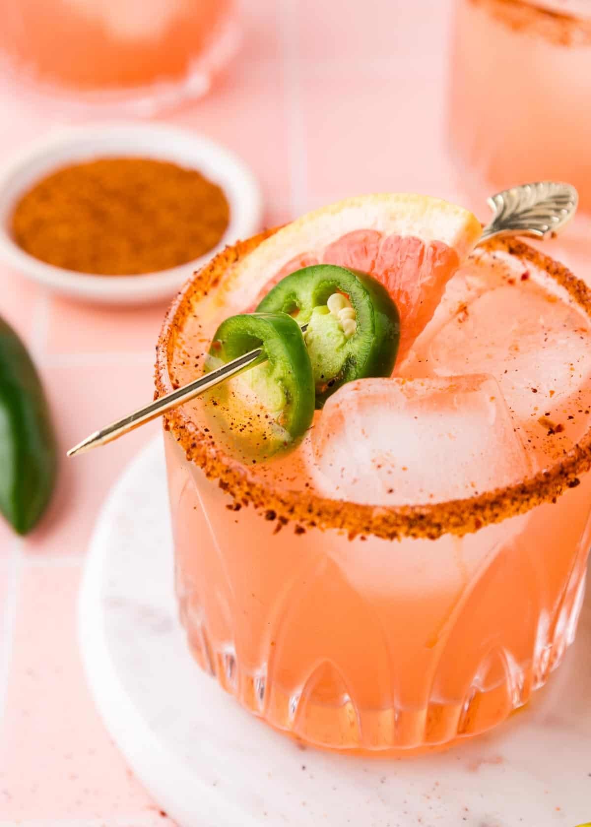 Close-up overhead image of spicy grapefruit margarita.