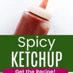 A plastic bottle of ketchup and a drizzle of the ketchup on a counter divided by a green box with text overlay that says "Spicy Ketchup" and the words "Get the Recipe!".