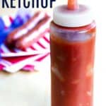 A plastic bottle of ketchup with text overlay that says "Spicy Ketchup".