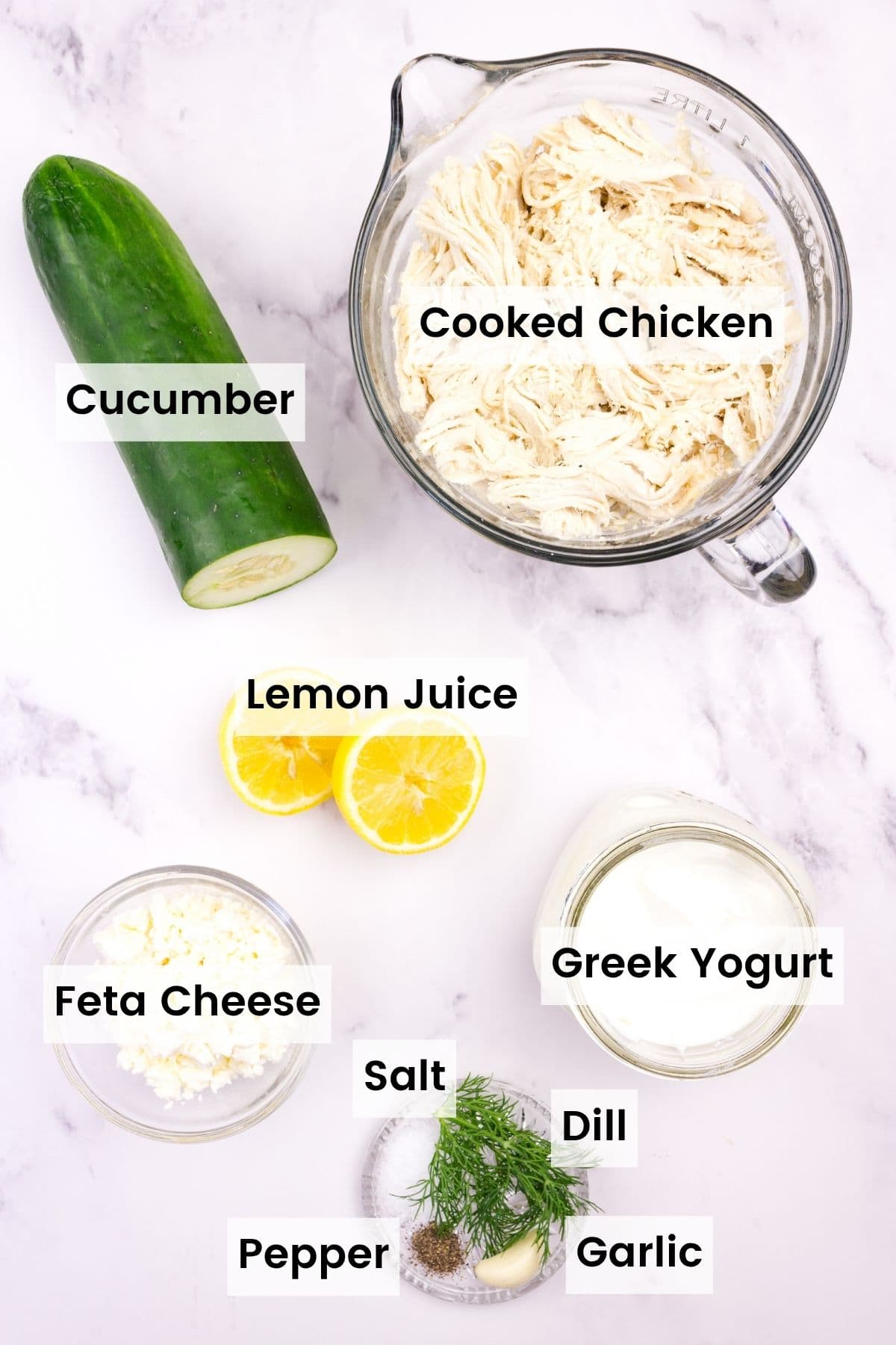 This Greek-ish tzatziki chicken salad combines juicy chicken, crunchy cucumber, and tangy Greek yogurt dressing with lemon, dill, and garlic. Labeled ingredients for tzatziki chicken salad.