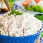 Close-up image of a bowl of tzatziki chicken salad.