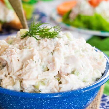 Close-up image of a bowl of tzatziki chicken salad.