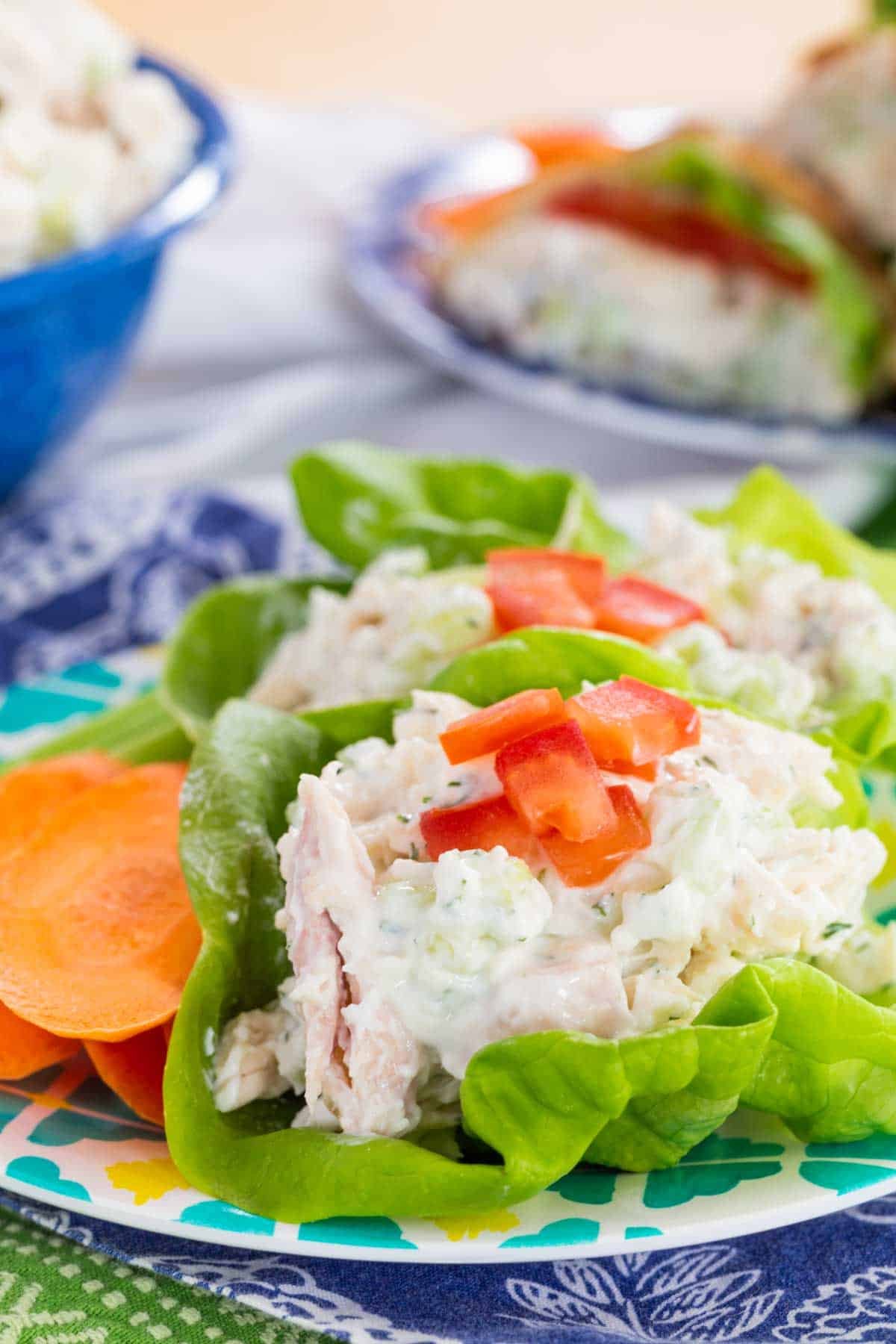 This Greek-ish tzatziki chicken salad combines juicy chicken, crunchy cucumber, and tangy Greek yogurt dressing with lemon, dill, and garlic. Tzatziki chicken salad in lettuce wraps.