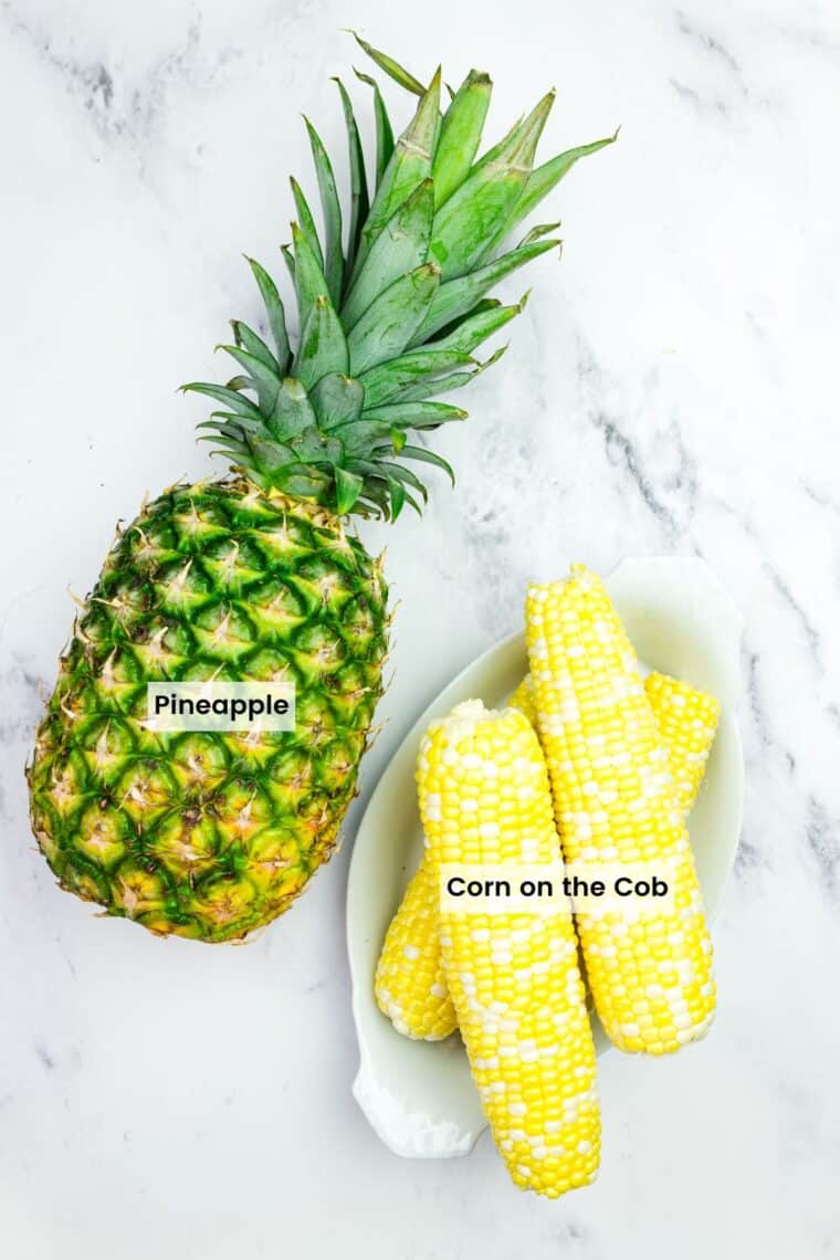 This BBQ chicken salad is loaded with BBQ chicken, crispy bacon, juicy pineapple, creamy avocado, and more. A sweet and savory masterpiece. Labeled ingredients (pineapple and corn).