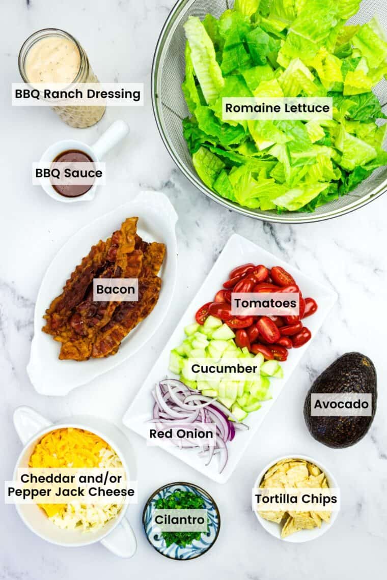 This BBQ chicken salad is loaded with BBQ chicken, crispy bacon, juicy pineapple, creamy avocado, and more. A sweet and savory masterpiece. Labeled ingredients for the salad portion of a BBQ chicken salad.