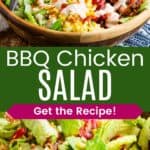 A salad topped with chicken, corn, bacon, cheese, tomatoes, and avocado in a large wood bowl and the salad after it's been tossed divided by a green box with text overlay that says "BBQ Chicken Salad" and the words "Get the Recipe!".