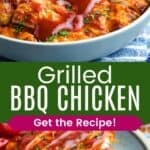 grilled chicken breasts coated in barbecue sauce in a dish and sliced chicken on a plate with corn divided by a green box with text overlay that says "Grilled BBQ Chicken" and the words "Get the Recipe!".