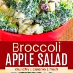 A red bowl of broccoli salad with apples, dried cranberries, and cheese and the full batch in a white serving bowl divided by a red box with text overlay that says "Broccoli Apple Salad" and the words crunchy, creamy, and fresh.