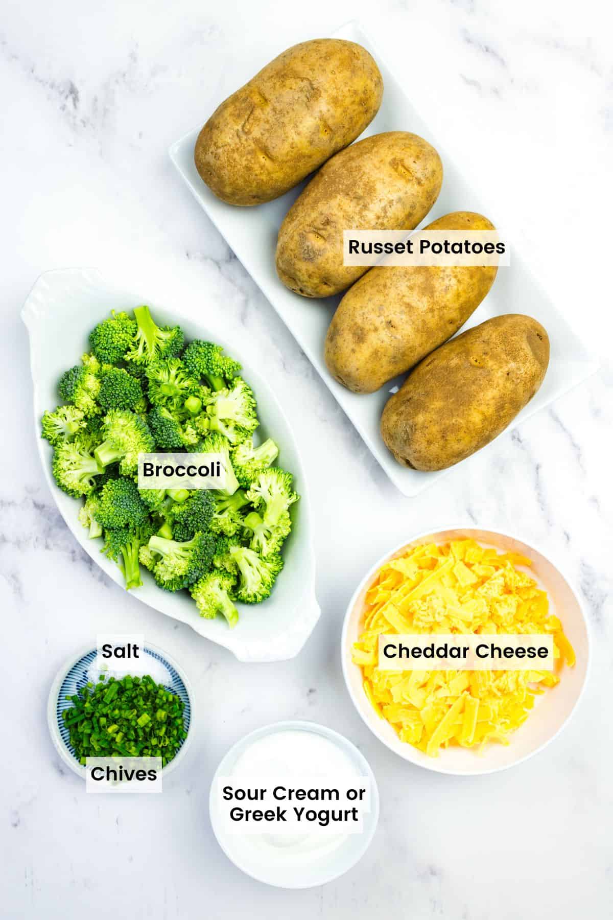 Labeled ingredients for broccoli and cheese baked potatoes.