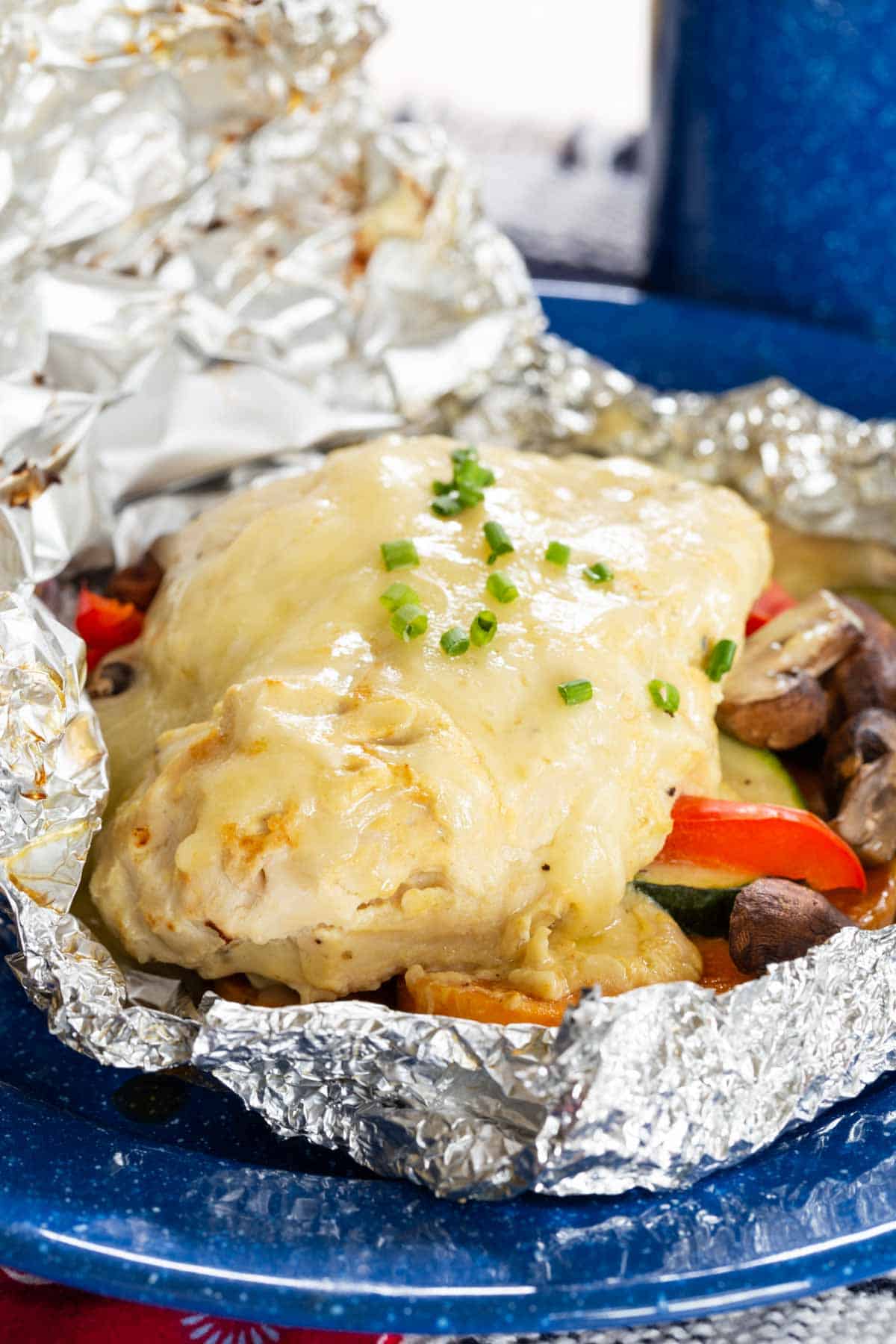 A chicken foil packet meal with vegetables.