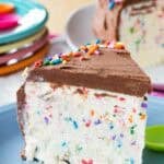 Ice cream cake filled with sprinkles and chocolate frosting.