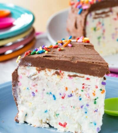 Ice cream cake filled with sprinkles and chocolate frosting.