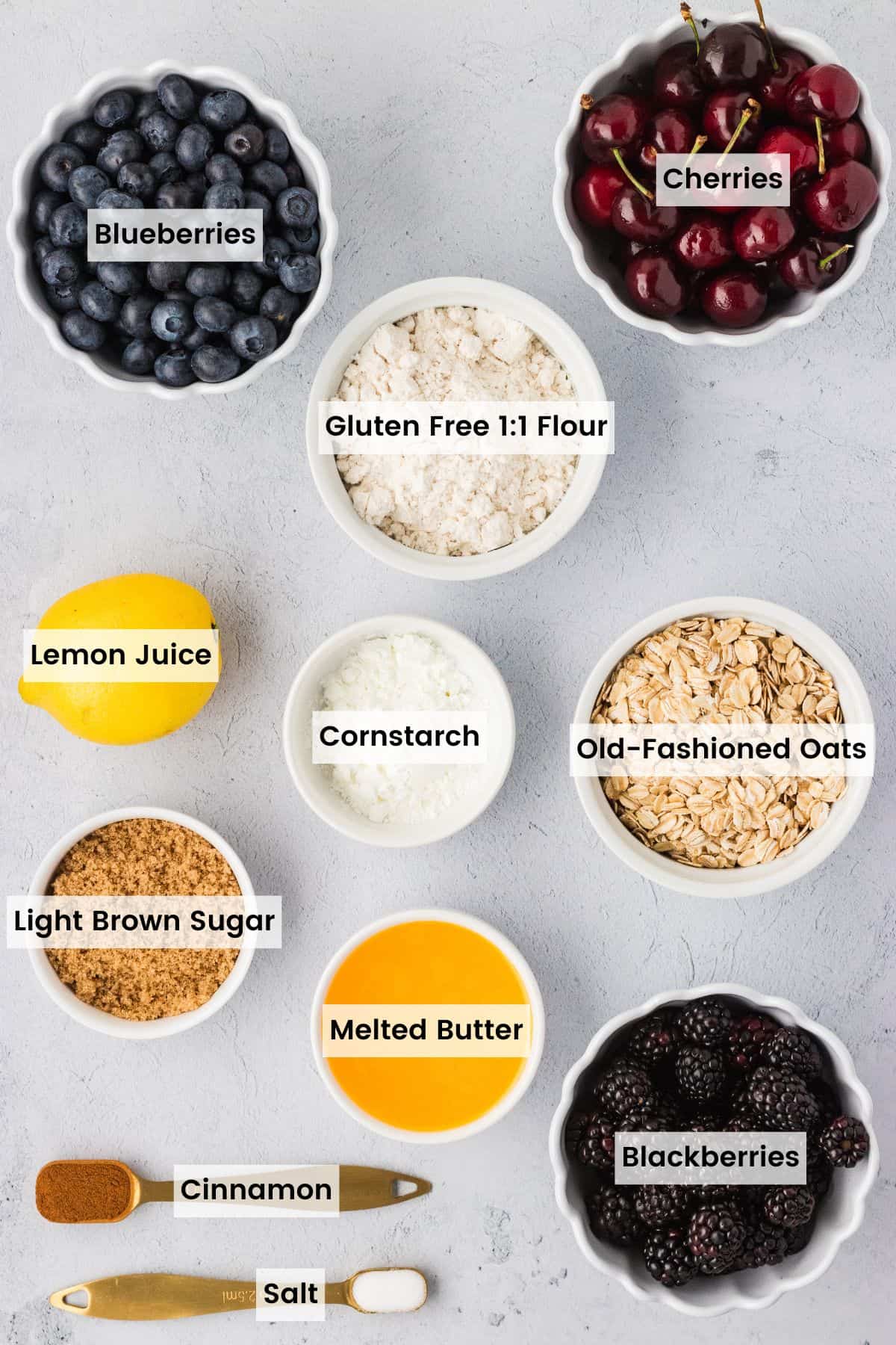 Labeled ingredients for gluten free berry crisp.
