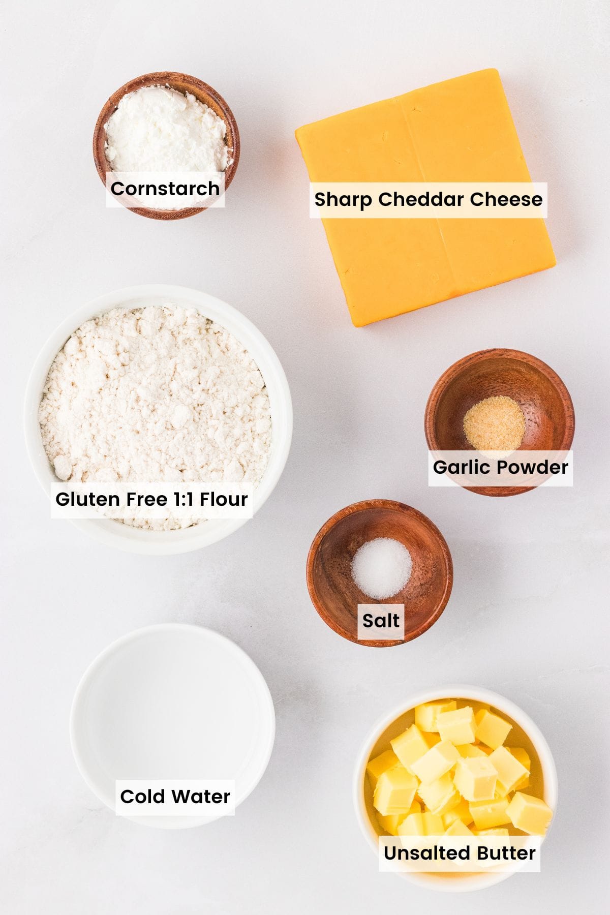 Labeled ingredients for gluten-free cheddar crackers.
