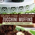 Chocolate muffins on a tray and one muffing split in half with butter being spread on it divided by a brown box with text overlay that says "Gluten Free Chocolate Zucchini Muffins" and the words rich, ultra-chocolaty, and moist.