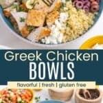 A fork in a bowl of quinoa topped with chicken, hummus, veggies, olives, and feta cheese and the bowl on a table surrounded by forks and bowls of toppings divided by a blue box with text overlay that says "Greek Chicken Bowls" and the words flavorful, fresh, and gluten free.
