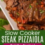 Shredded beef with peppers on a platter and served on a plate over linguini divided by a green box with text overlay that says "Slow Cooker Steak Pizzaiola" and the words "Get the Recipe!".