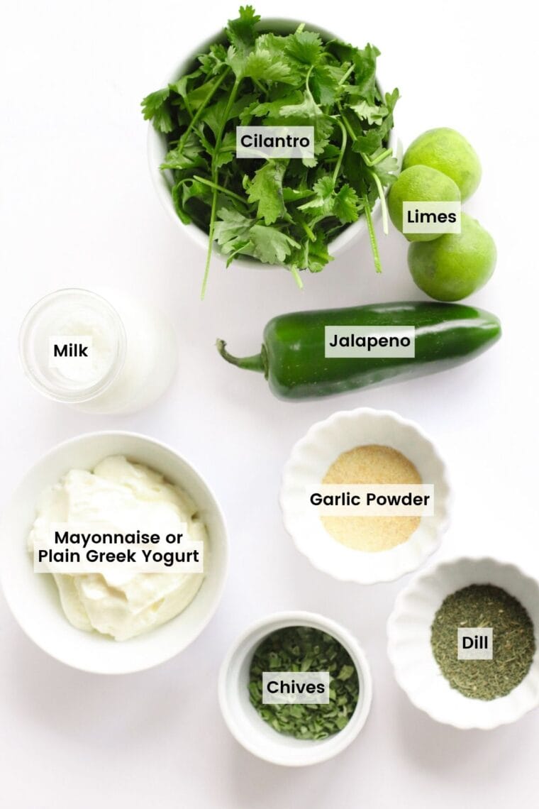 Ingredients to make the jalapeno Ranch dressing for grilled shrimp salad in bowls with text labels.