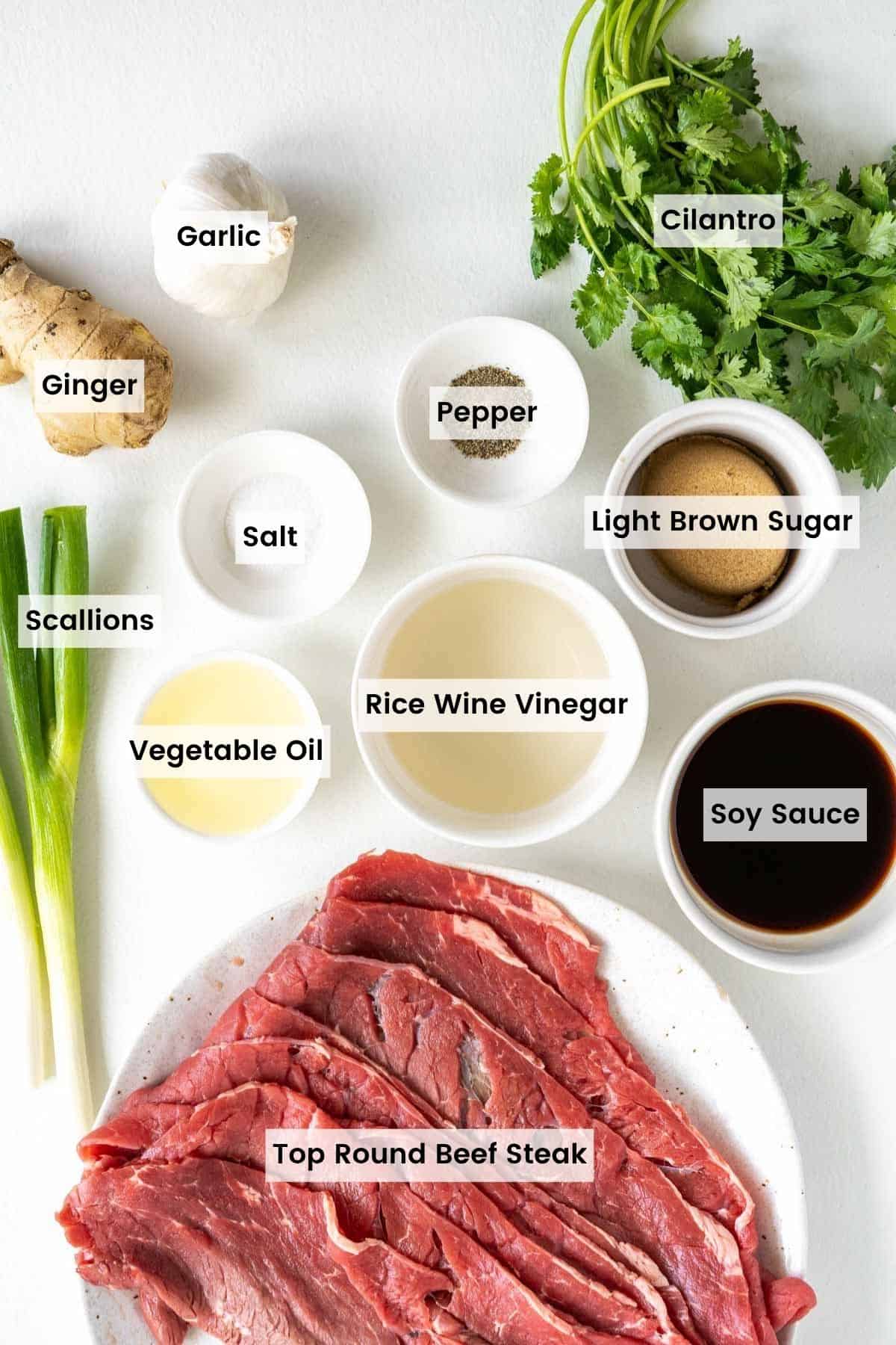 Ingredients to make teriyaki beef sticks on a countertop with text labels.