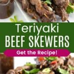 A platter of steak on a stick garnished with cilantro and red chili peppers and a closeup of the ends of the skewers divided by a green box with text overlay that says "Teriyaki Beef Skewers" and the words "Get the Recipe!".