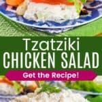 Chicken salad stuffed in pita and in a blue bowl divided by a green box with text overlay that says "Tzatziki Chicken Salad" and the words "Get the Recipe!".