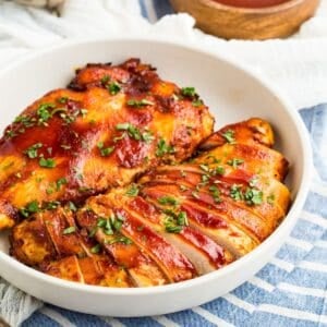 Featured image for air fryer BBQ chicken breasts.