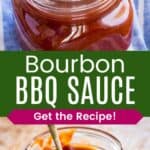 A spoon in a jar of barbecue sauce and a drip on the edge of the jar divided by a green box with text overlay that says "Bourbon BBQ Sauce" and the words "Get the Recipe!".