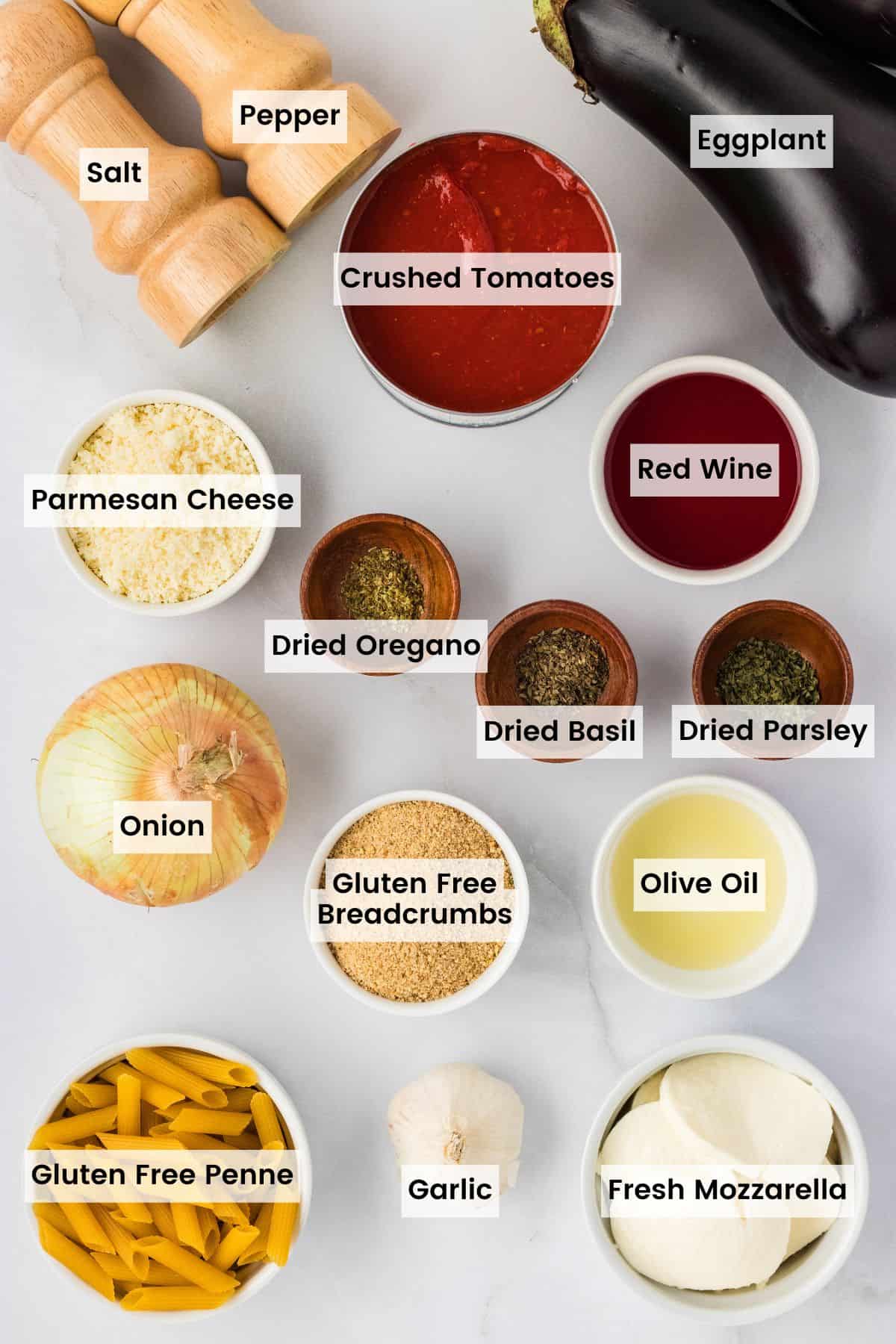 Labeled ingredients for eggplant casserole.