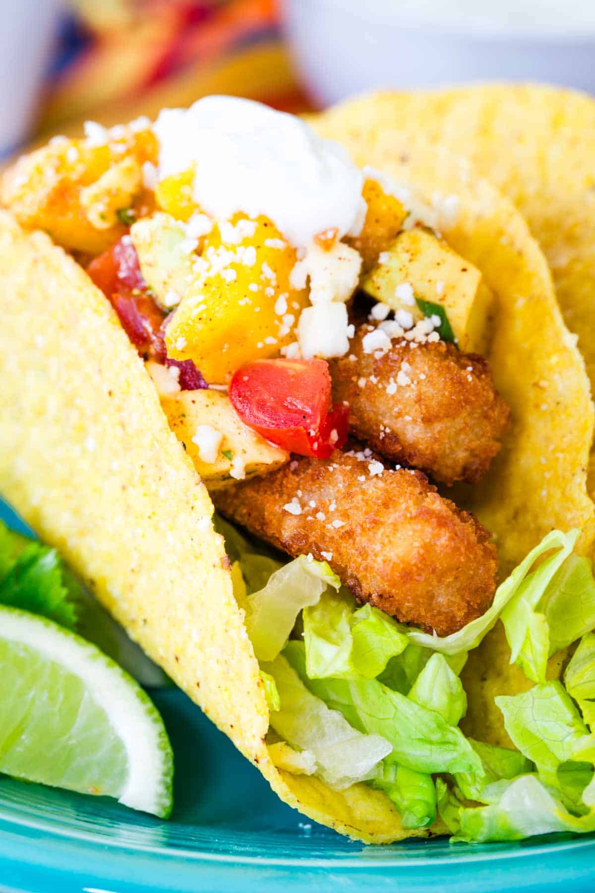 Close-up image of a fish stick taco.