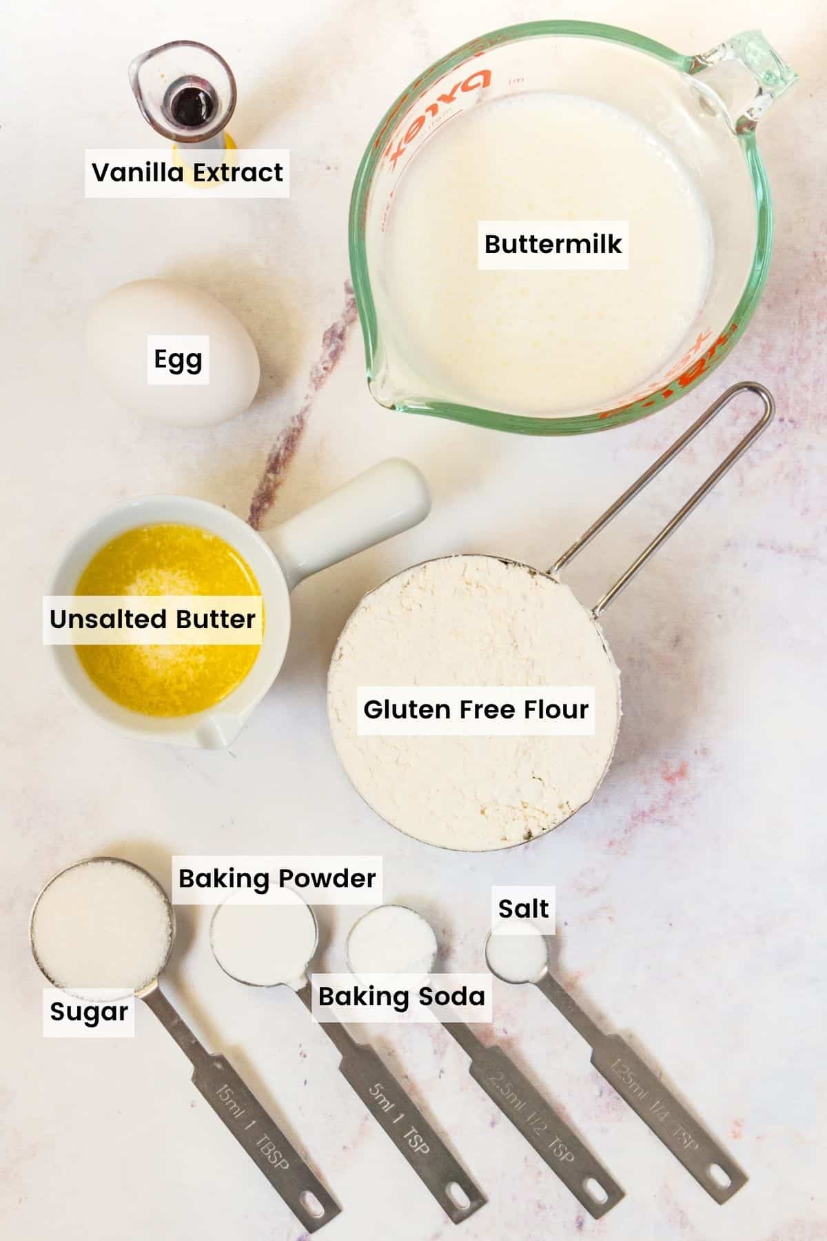 The ingredients for gluten free buttermilk pancakes with text labels.