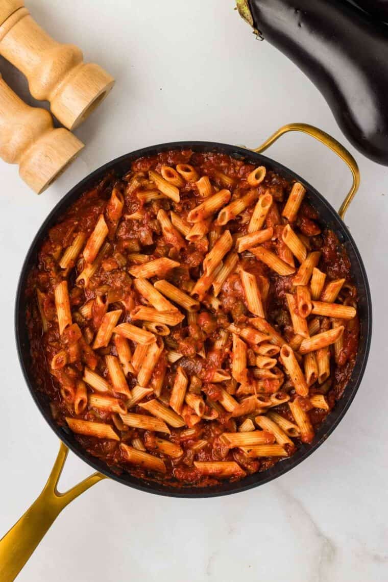 Pasta tossed with eggplant tomato sauce.