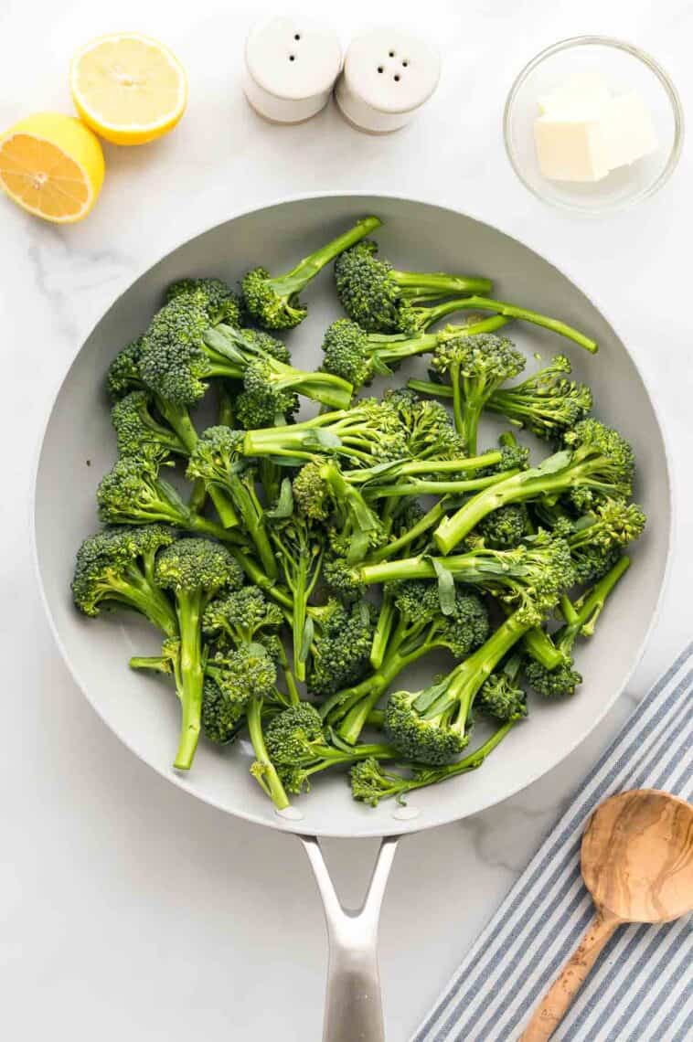 Broccolini in a pan.