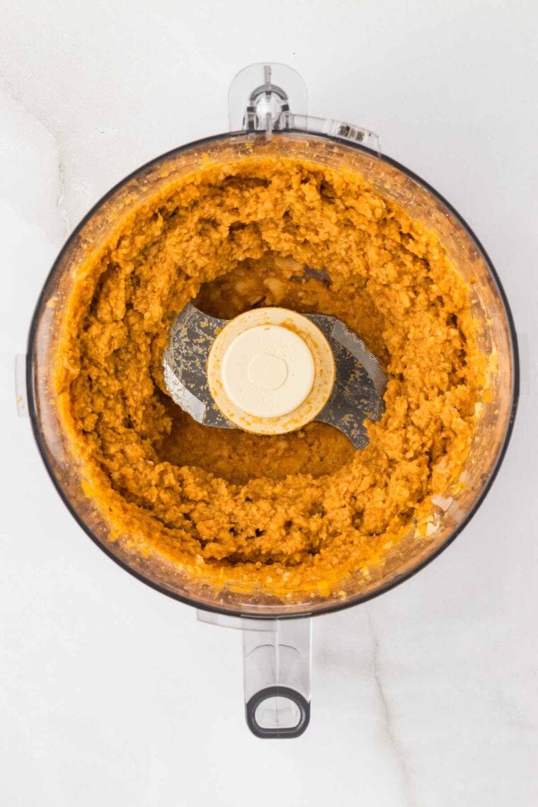 Chickpeas, sweet potato, walnuts, maple syrup, and spices blended together in a food processor.