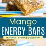 A snack bar leaning against a stack of them and one on a table divided by a blue box with text overlay that says "Mango Energy Bars" and the words no-bake, chewy, and gluten free.