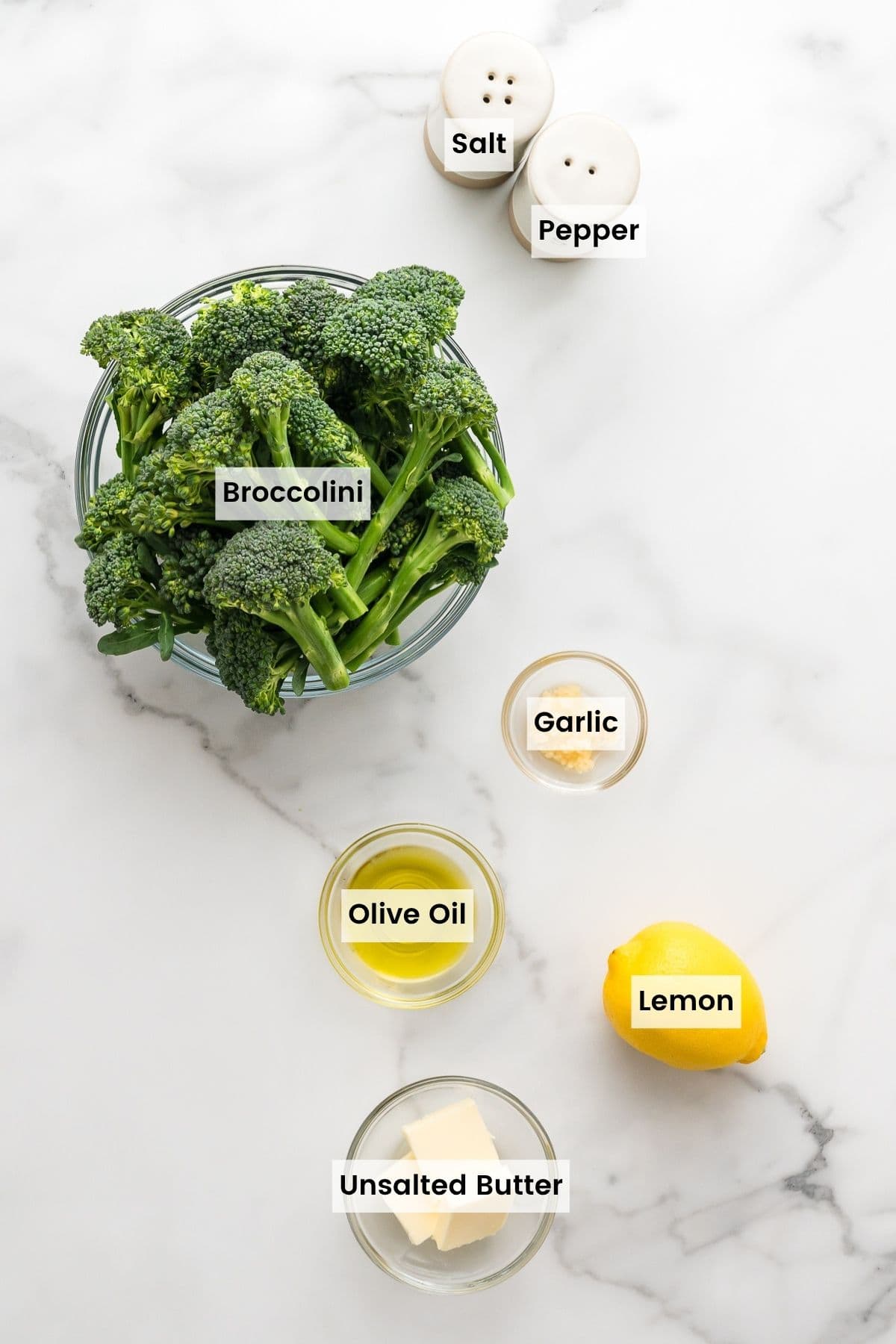 Labeled ingredients for saut&eacute;ed broccolini.