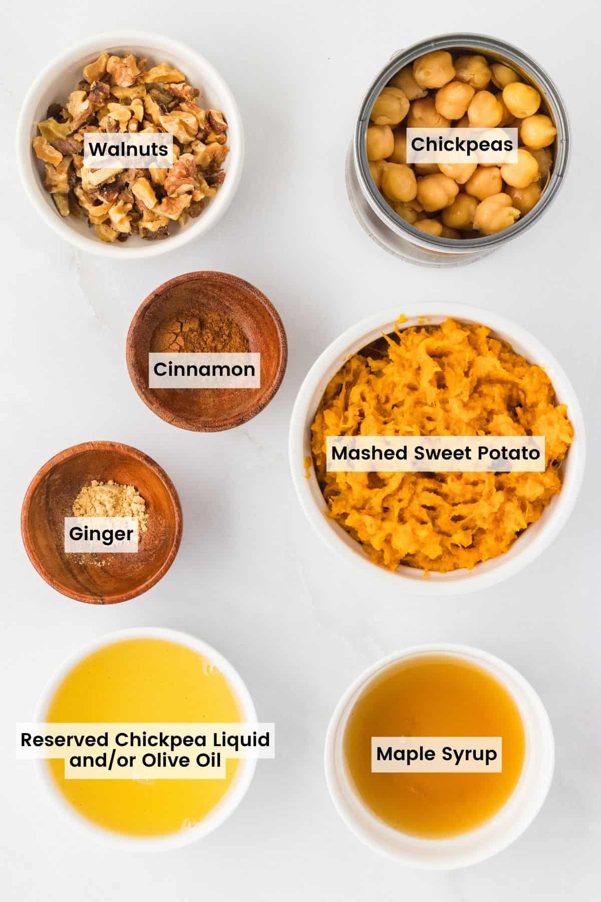 Labeled ingredients for sweet potato hummus.