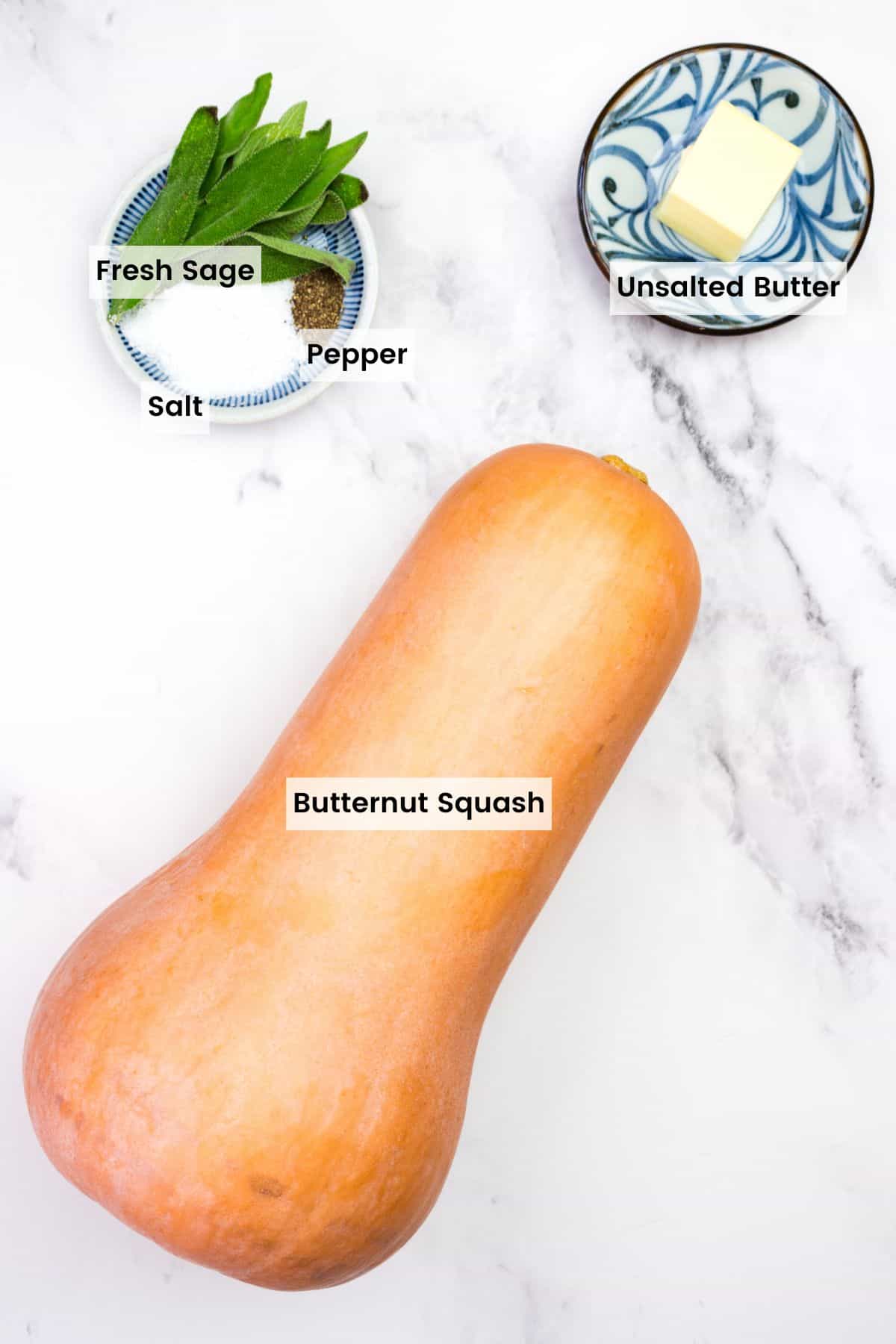 Labeled ingredients for mashed butternut squash.