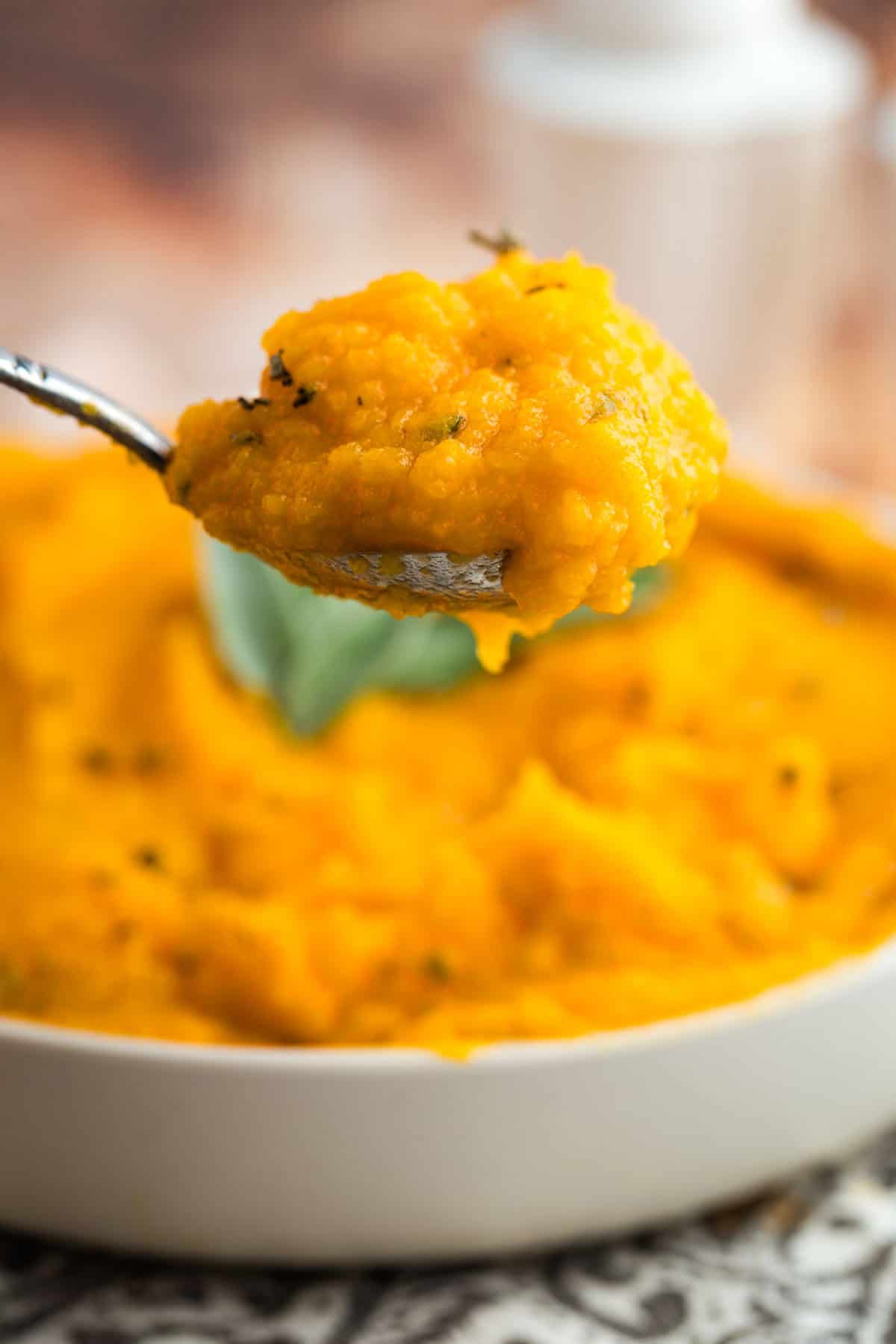 A spoon holding a scoop of butternut squash mash up to the camera.