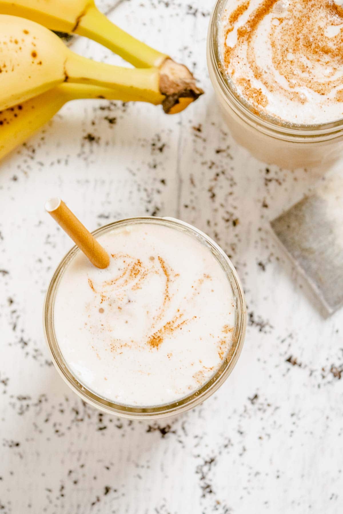Overhead image of a chai smoothie in a mason jar.