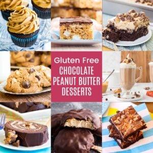 A three-by-three collage of chocolate cupcakes with peanut butter frosting, peanut butter hot chocolate, Reese's Poke Cake, and more chocolate peanut butter desserts with a pink box in the middle with white text that says Gluten Free Chocolate Peanut Butter Desserts.
