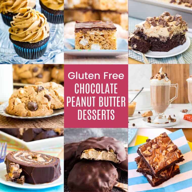 A three-by-three collage of chocolate cupcakes with peanut butter frosting, peanut butter hot chocolate, Reese's Poke Cake, and more chocolate peanut butter desserts with a pink box in the middle with white text that says Gluten Free Chocolate Peanut Butter Desserts.