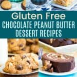 A collage of chocolate cupcakes with peanut butter frosting, peanut butter rice krispie treats, Reese's Poke Cake, and more chocolate peanut butter desserts divided by a teal box with text that says Gluten Free Chocolate Peanut Butter Desserts.