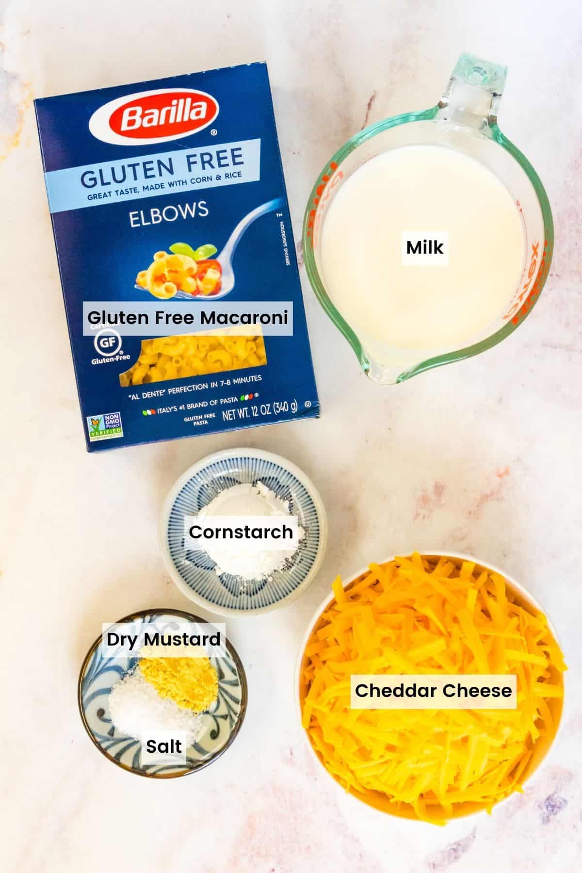 The ingredients for stovetop mac and cheese with text overlays.