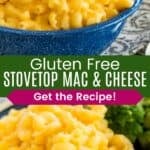 A bowl of macaroni and cheese and some on a plate divided by a green box with text overlay that says "Gluten Free Stovetop Mac & Cheese" and the words "Get the Recipe!"
