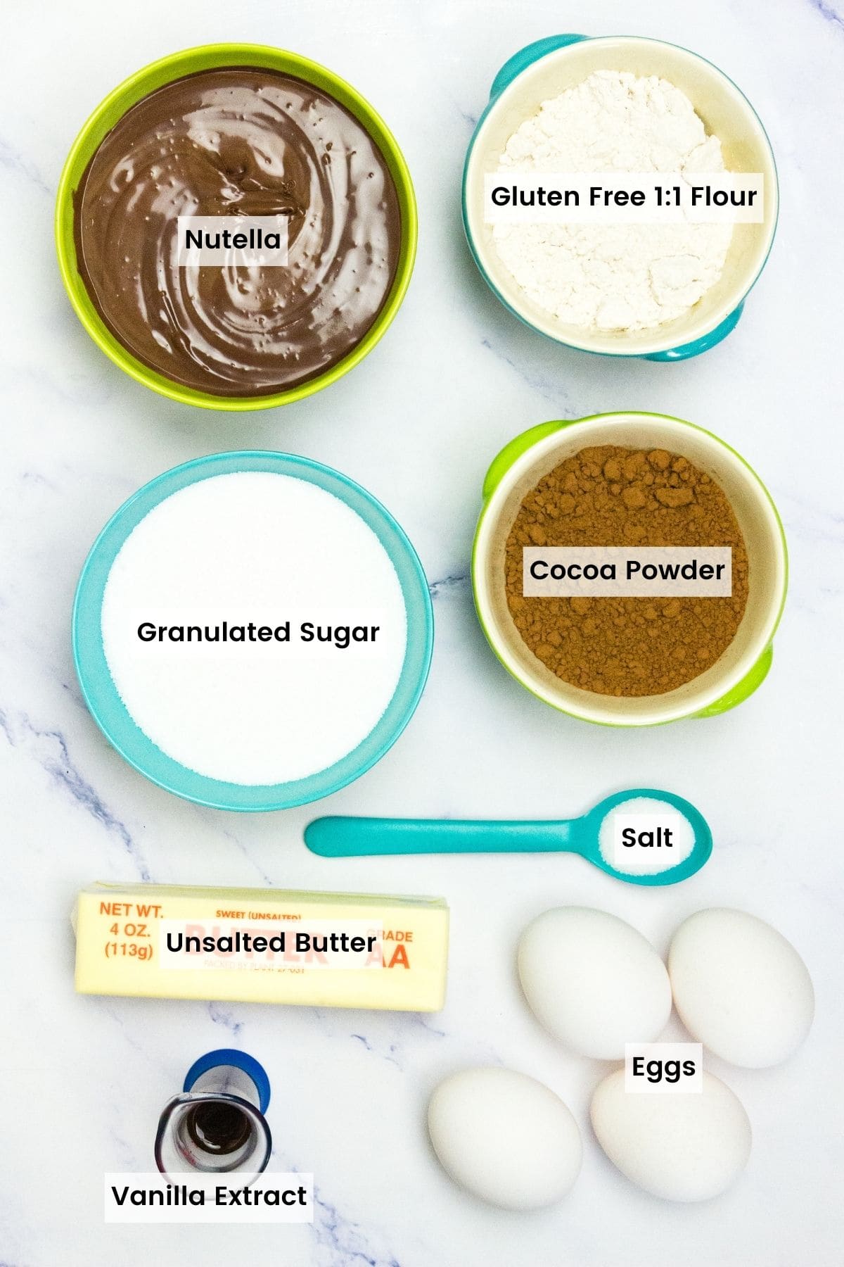 Labeled ingredients for Nutella brownies.