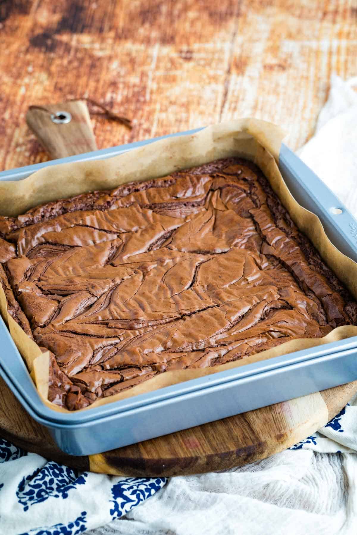 Nutella brownies in a baking pan.