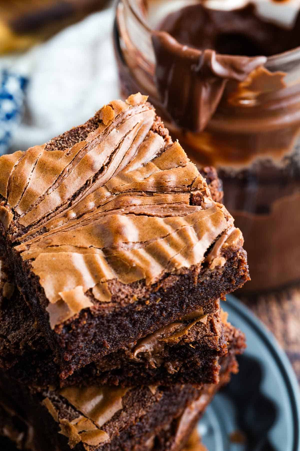 Overhead image of a stack of Nutella brownies.